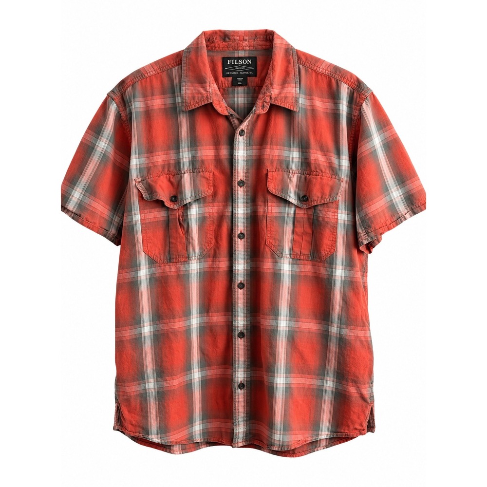 Filson Men's XXL Red Gray Plaid Short Sleeve Button Up Outdoor Shirt